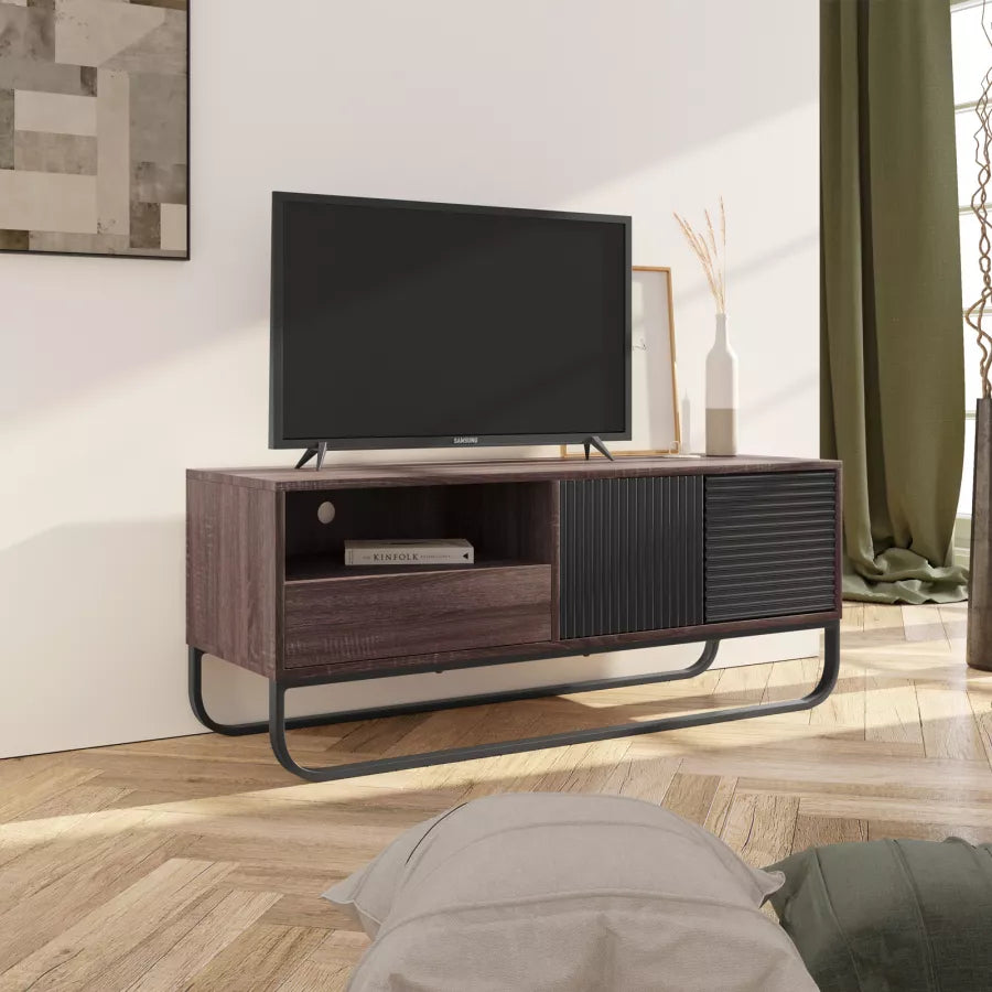 Mobile porta tv 120 cm in legno effetto cannettato rovere e nero