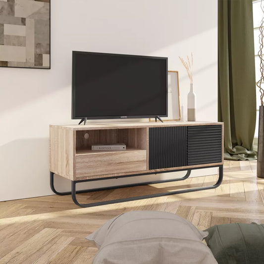 Mobile porta tv 120 cm in legno effetto cannettato rovere e nero