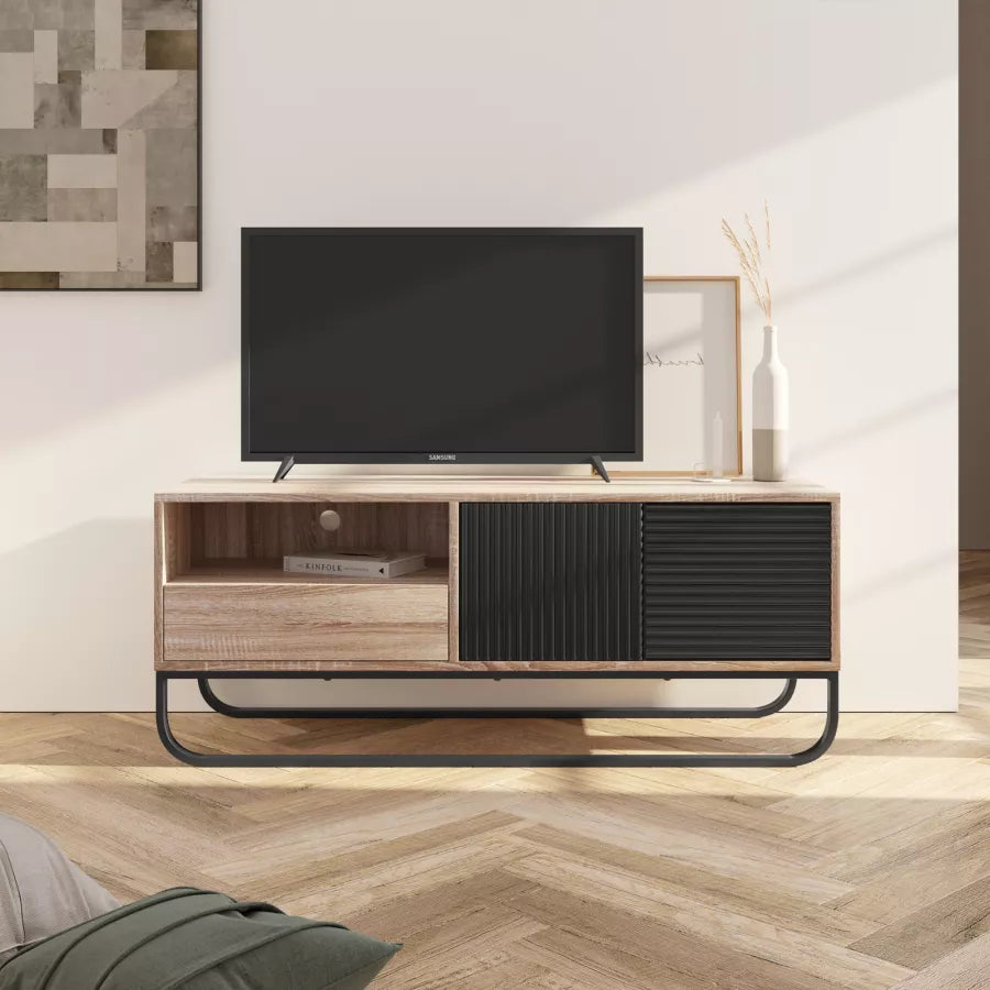 Mobile porta tv 120 cm in legno effetto cannettato rovere e nero