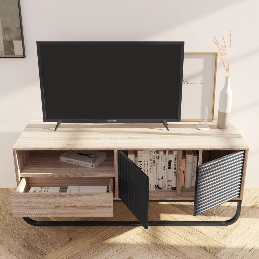 Mobile porta tv 120 cm in legno effetto cannettato rovere e nero