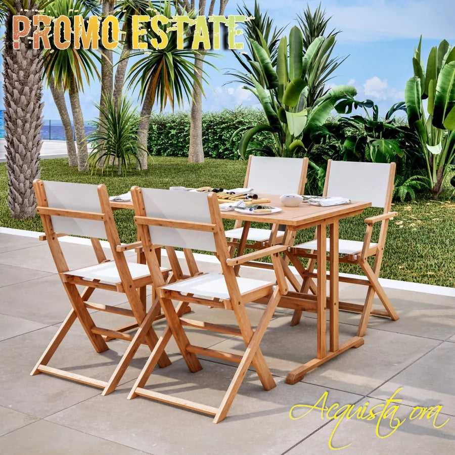 Set pranzo tavolo 125x80 cm e quattro poltrone pieghevoli in textilene bianco e legno di acacia