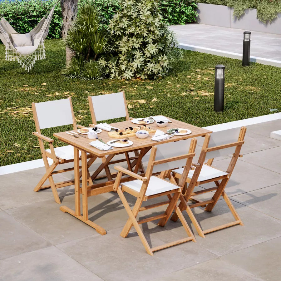 Set pranzo tavolo 125x80 cm e quattro poltrone pieghevoli in textilene bianco e legno di acacia