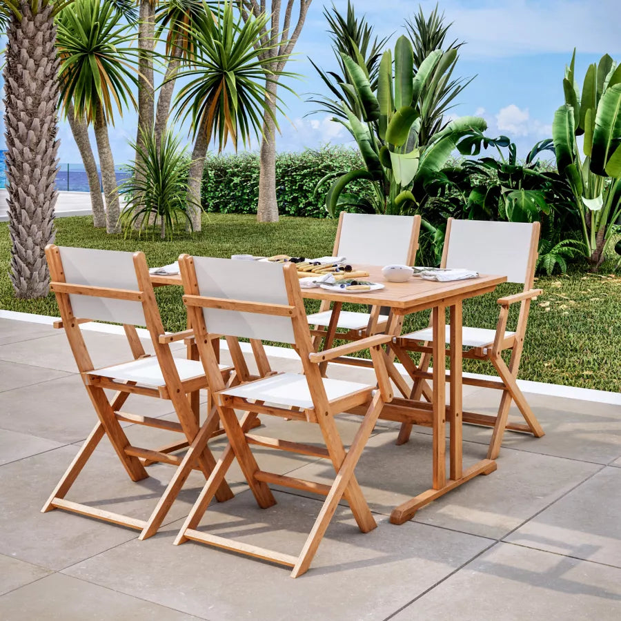 Set pranzo tavolo 125x80 cm e quattro poltrone pieghevoli in textilene bianco e legno di acacia