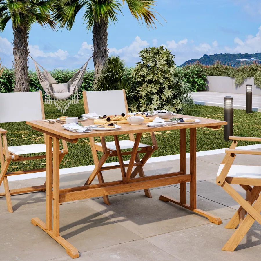 Set pranzo tavolo 125x80 cm e quattro poltrone pieghevoli in textilene bianco e legno di acacia