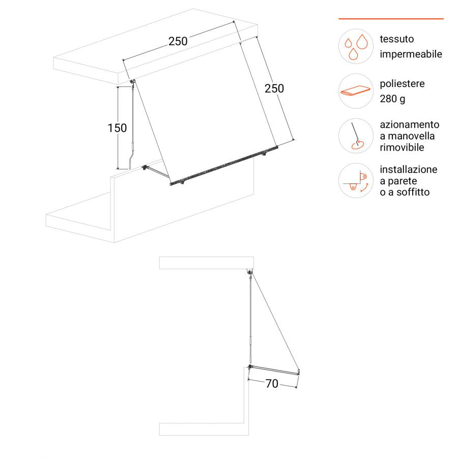 Tenda da sole con bracci 250 cm estensione 250 cm grigio cenere