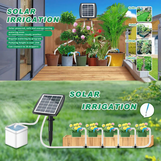 Irrigazione Automatica Energia Solare, Set di Irrigazione Automatica da Giardino con Tubo Lungo 15M e Gocciolatore, Adatto per Piante in Vaso da Giardino e Balcone All'aperto, Verdure