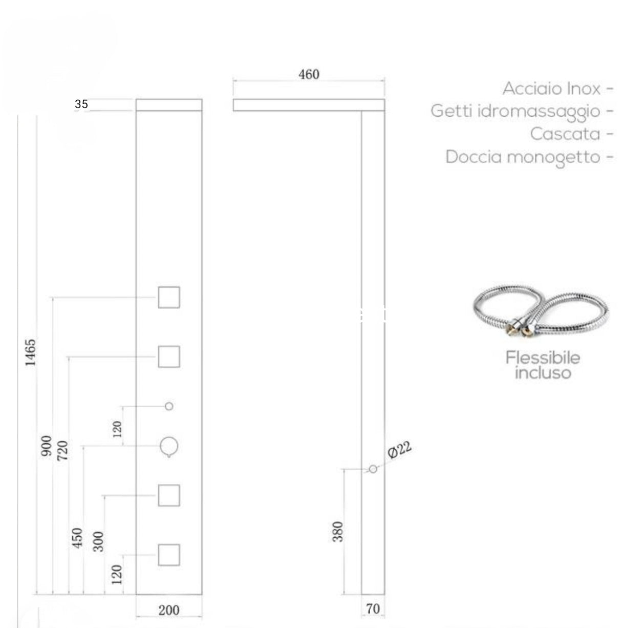 Pannello doccia idromassaggio squadrato Keen con cascata cervicale idroterapia