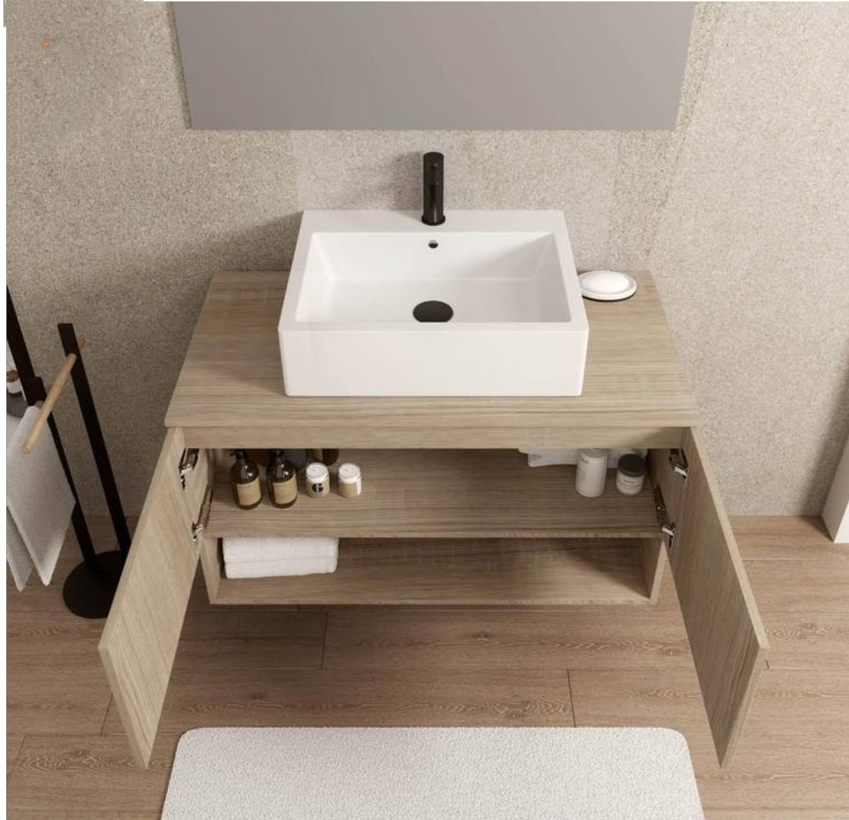 Mobile bagno sospeso con specchio 100 cm profondità 50,5 cm rovere frassino