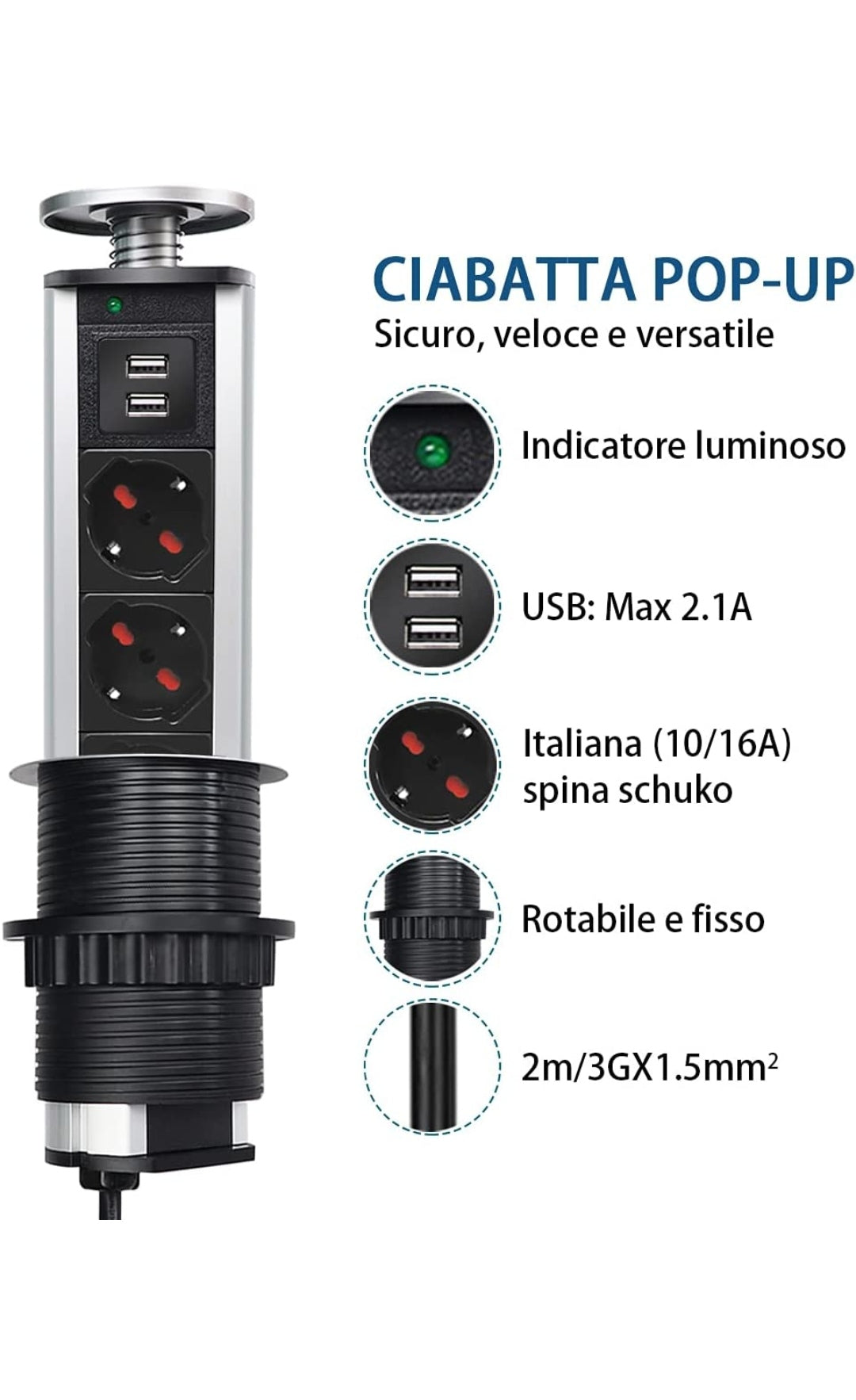 Multipresa da scrivania a scomparsa con 2 Usb, 3 Prese ITALIANE, multipresa torretta a scomparsa da tavolo, Colonnina multipresa con protezione, per cucina,piani di lavoro,ufficio