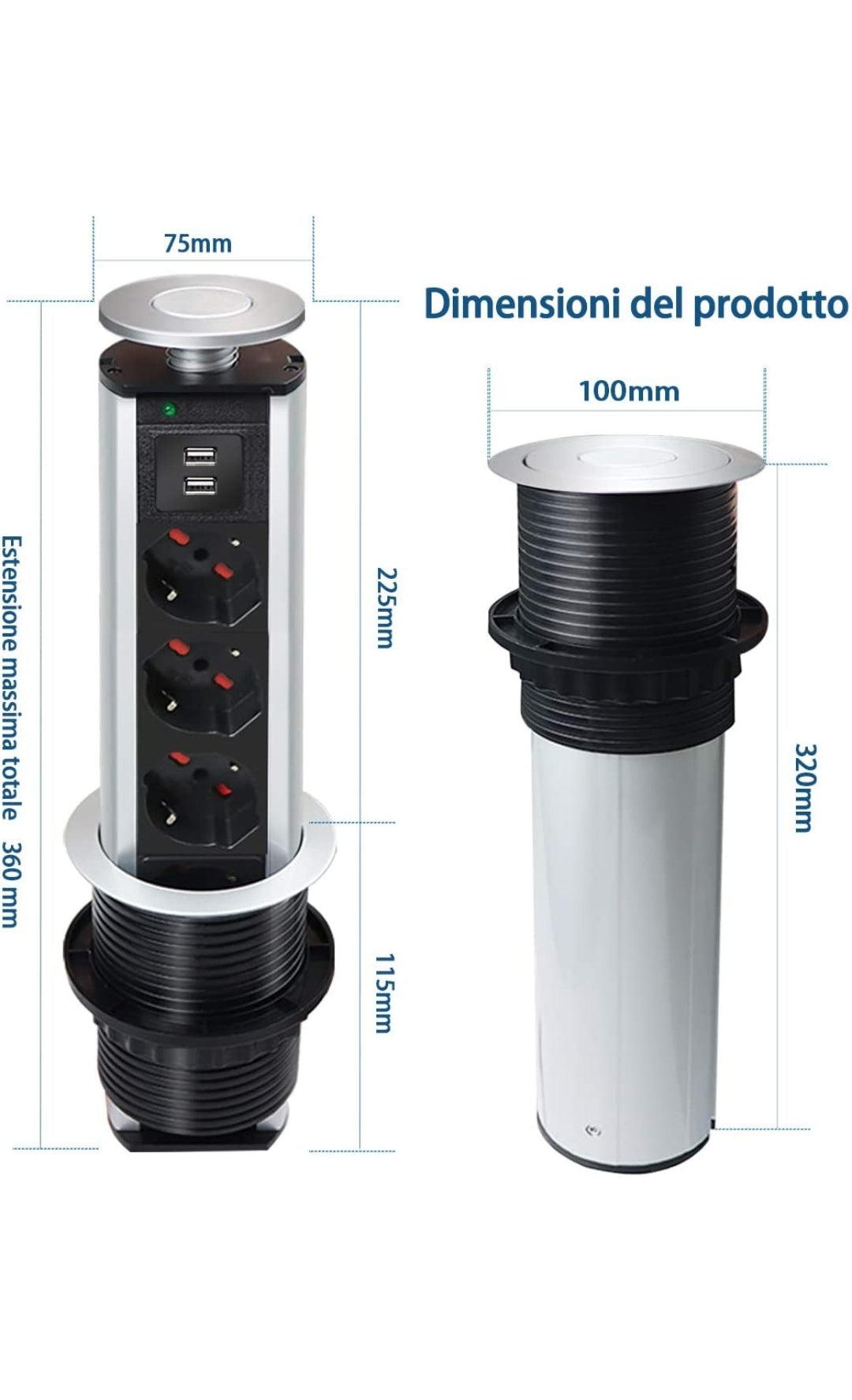 Multipresa da scrivania a scomparsa con 2 Usb, 3 Prese ITALIANE, multipresa torretta a scomparsa da tavolo, Colonnina multipresa con protezione, per cucina,piani di lavoro,ufficio