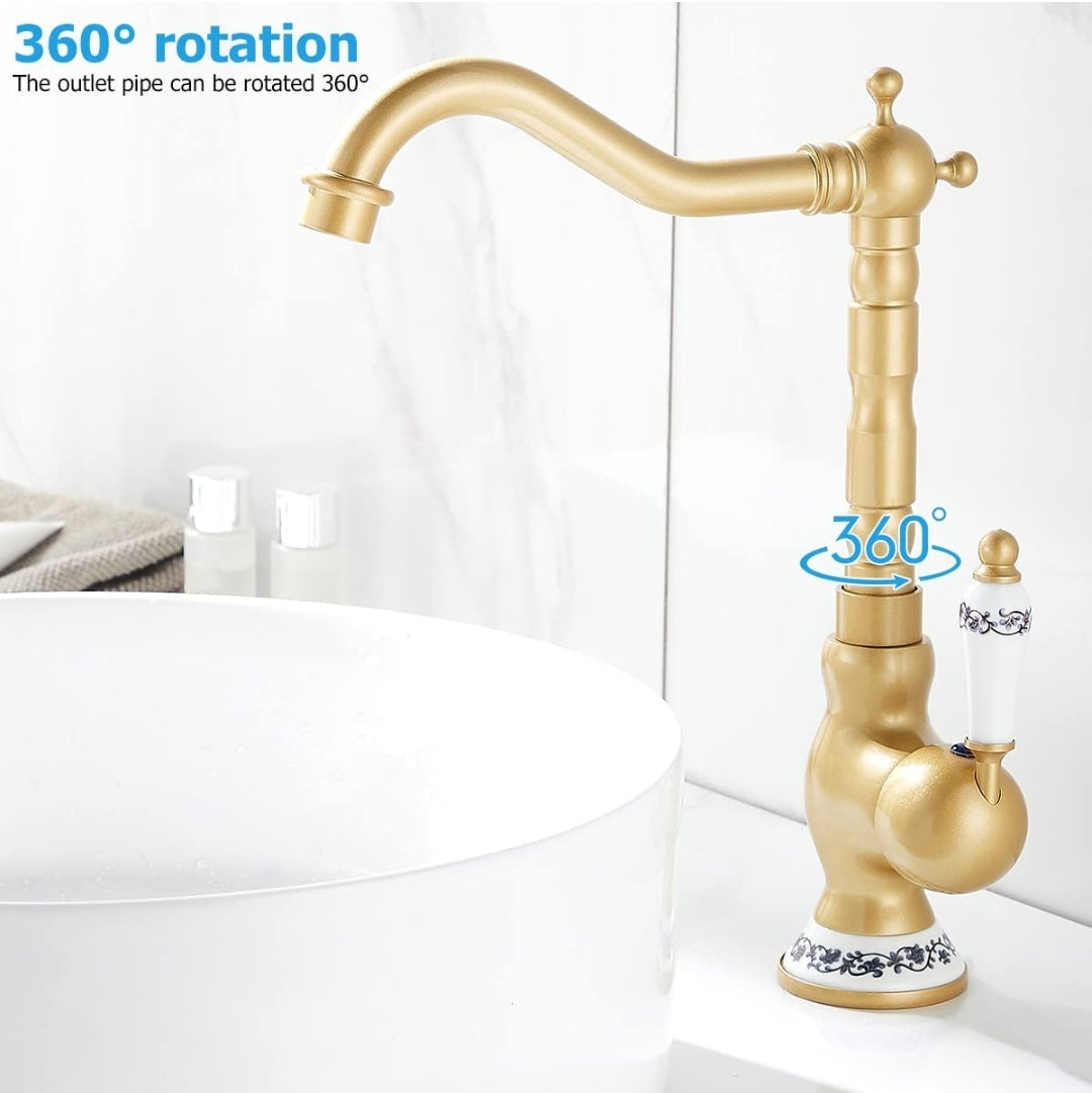 Miscelatore Rubinetto Antico Monocomando per Lavabo Rubinetto Alto da Cucina o Bagno in Ottone Calda e Fredda del Rubinetto (Oro)