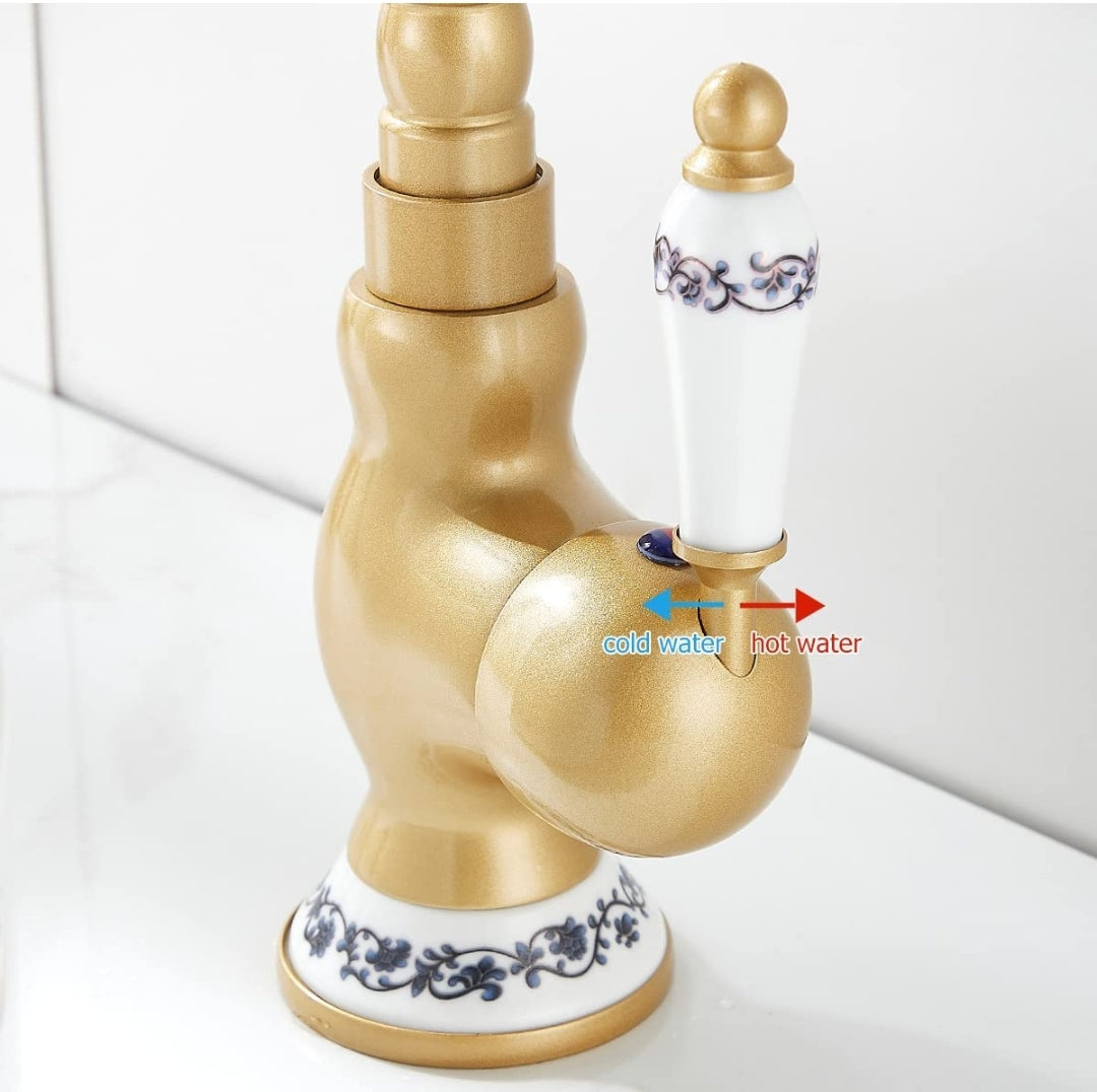 Miscelatore Rubinetto Antico Monocomando per Lavabo Rubinetto Alto da Cucina o Bagno in Ottone Calda e Fredda del Rubinetto (Oro)