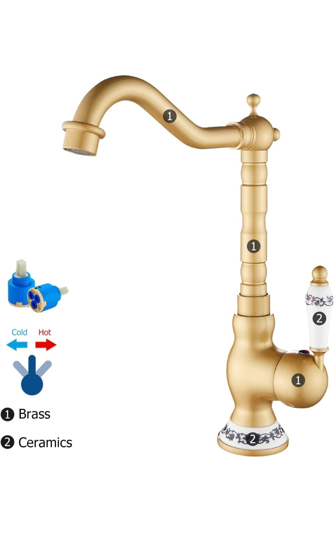 Miscelatore Rubinetto Antico Monocomando per Lavabo Rubinetto Alto da Cucina o Bagno in Ottone Calda e Fredda del Rubinetto (Oro)