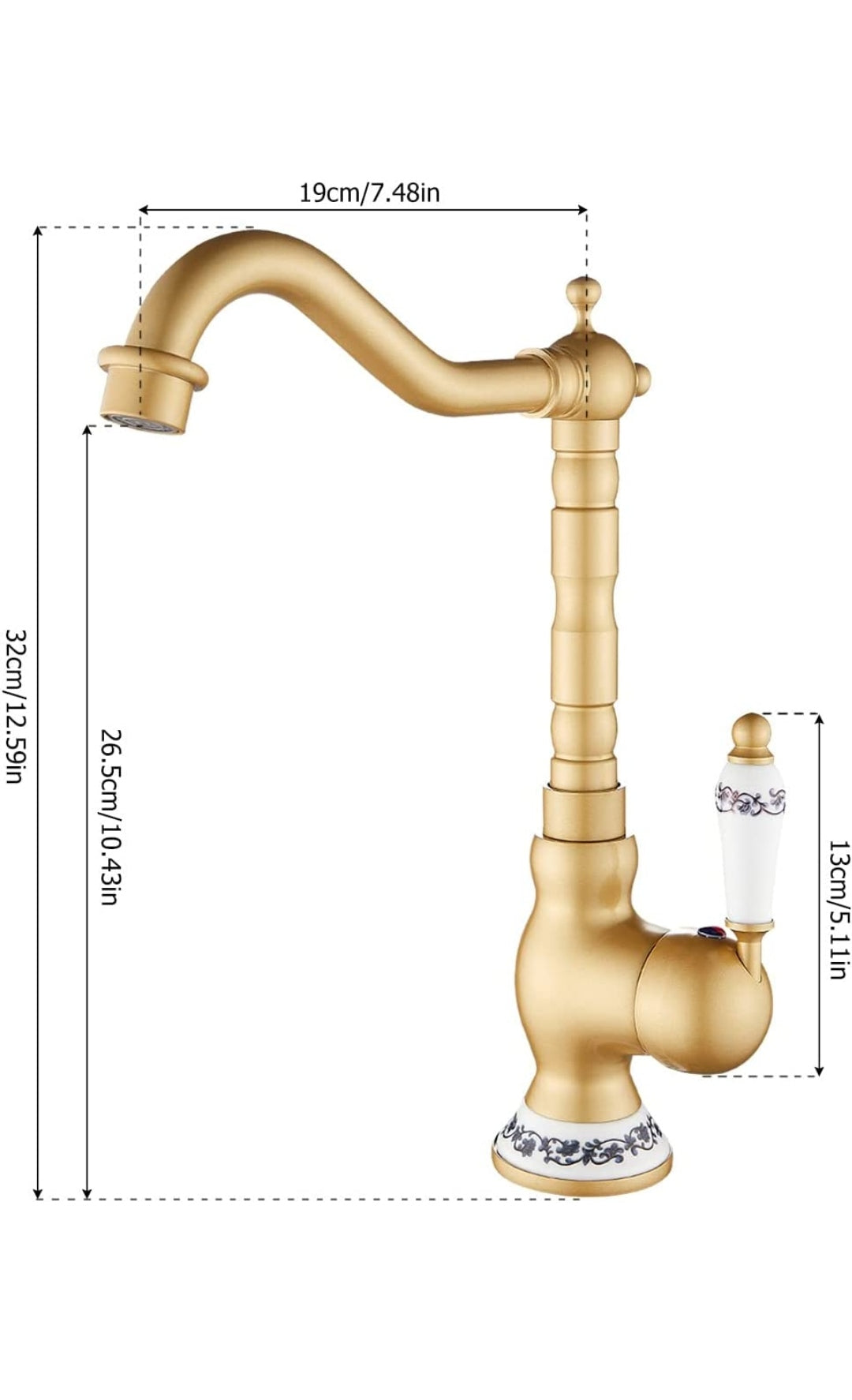 Miscelatore Rubinetto Antico Monocomando per Lavabo Rubinetto Alto da Cucina o Bagno in Ottone Calda e Fredda del Rubinetto (Oro)