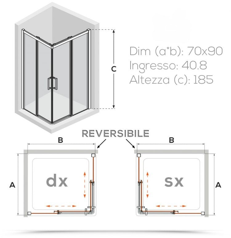 Box doccia 70x90 cm doppio scorrevole vetro temperato 6mm stampato 185h