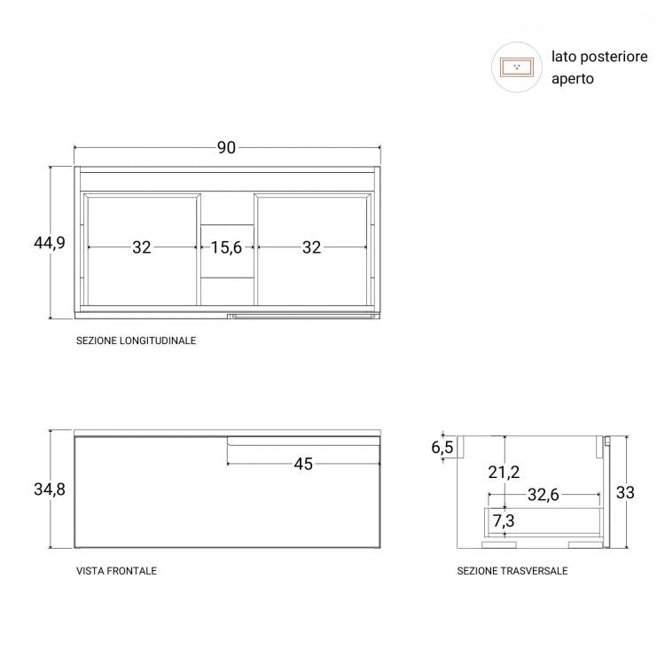 Mobile bagno sospeso 90 cm noce maior e frontale rosso corallo con specchio