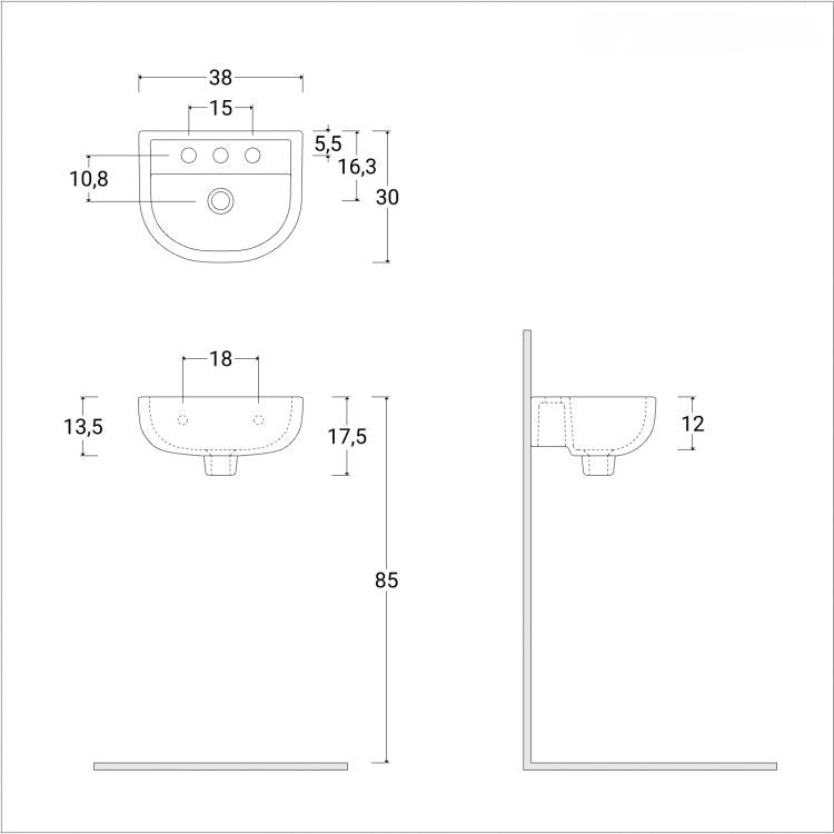 Lavamani sospeso in ceramica bianca 38 cm salvaspazio per piletta