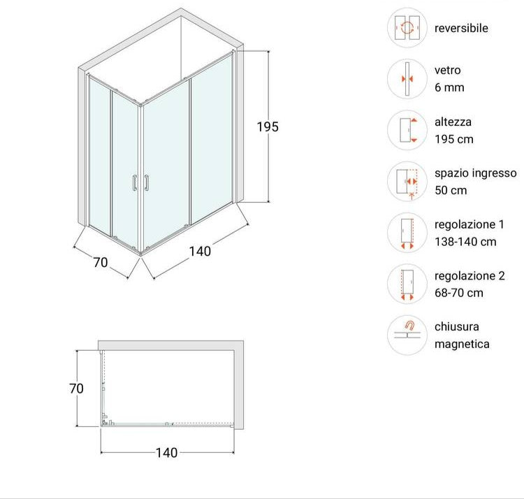 Box doccia 70x140 cm doppio scorrevole opaco 195h