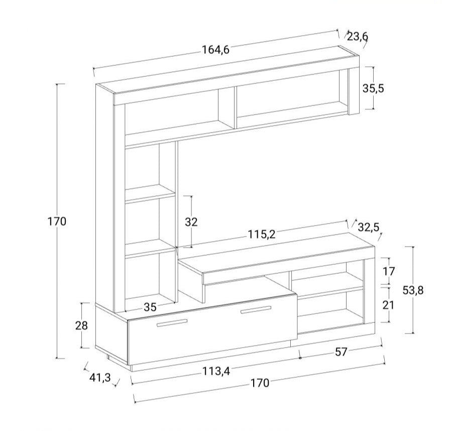 Parete attrezzata 170 cm in legno rovere e bianco