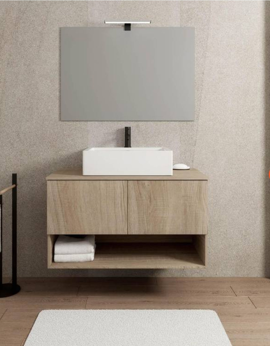 Mobile bagno sospeso con specchio 100 cm profondità 50,5 cm rovere frassino