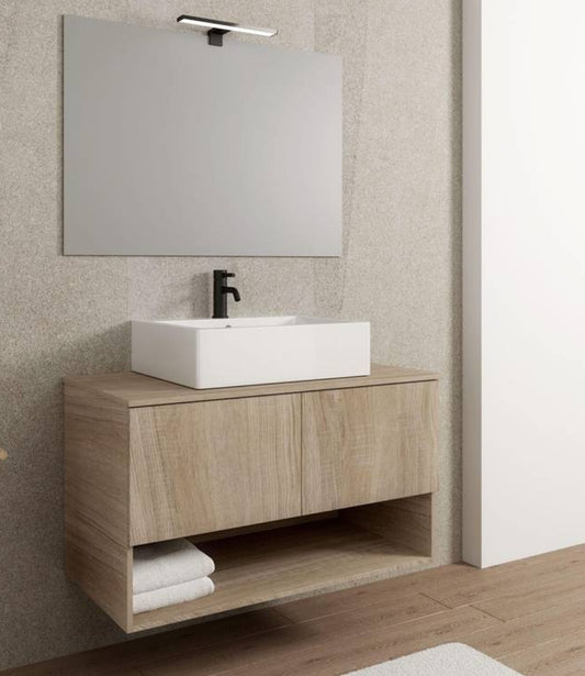 Mobile bagno sospeso con specchio 100 cm profondità 50,5 cm rovere frassino