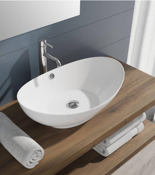 Lavabo ovale a bacinella 60x37 cm in ceramica bianco lucido