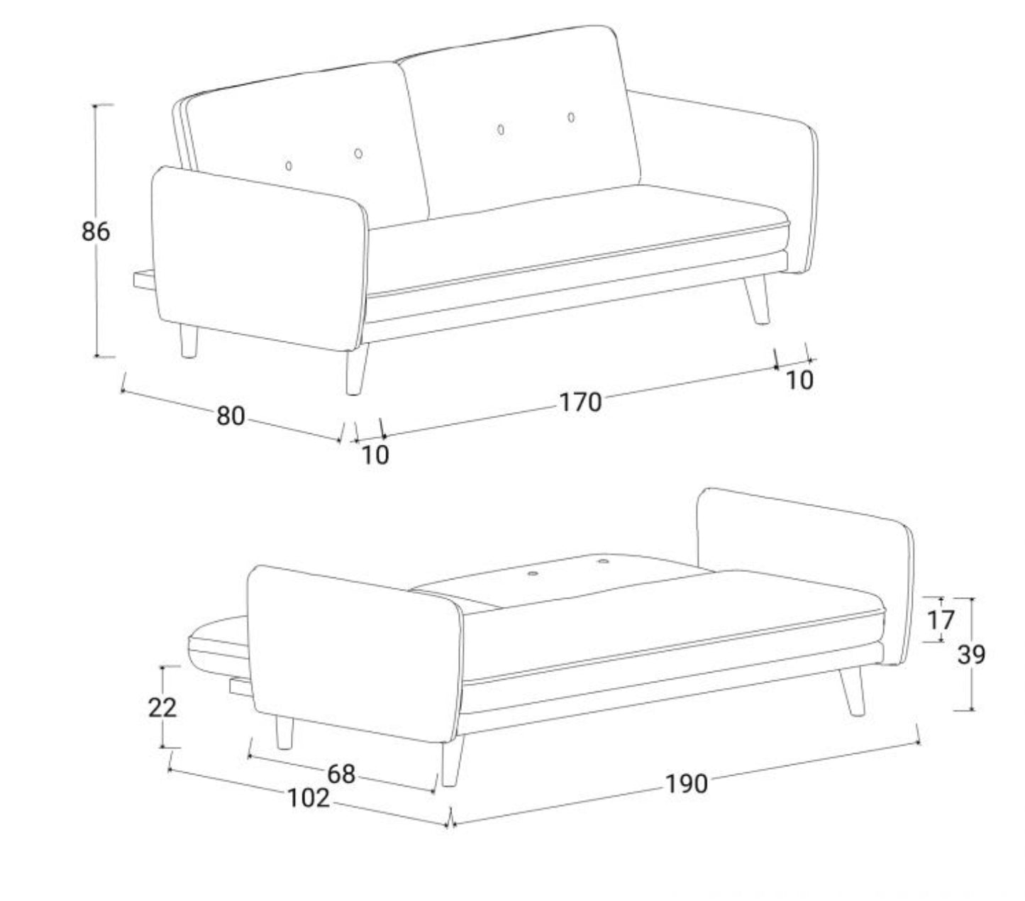 Divano letto 3 posti in tessuto disponibile in 8 colori