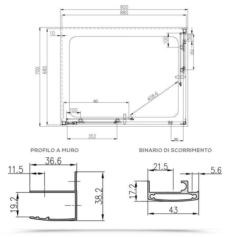 Box doccia 70x90 cm doppio scorrevole vetro temperato 6mm stampato 185h