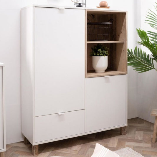 Credenza 103 cm con ante e cassetti in legno bianco e rovere anticato