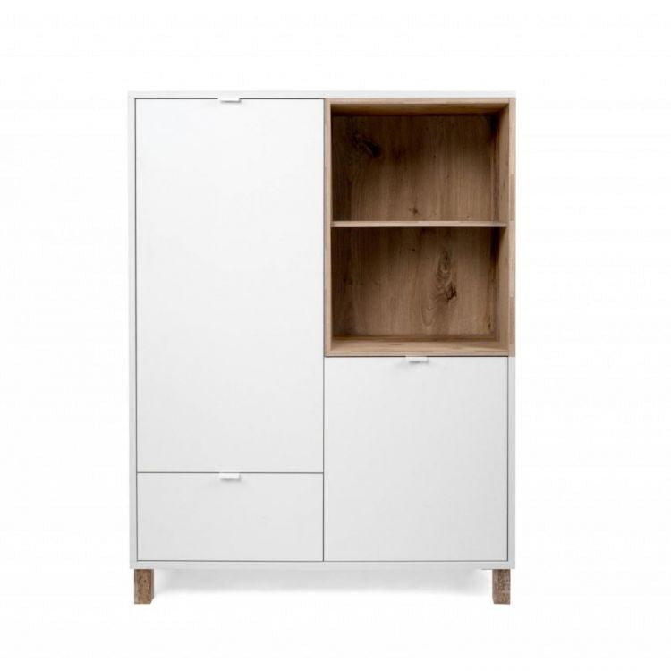 Credenza 103 cm con ante e cassetti in legno bianco e rovere anticato