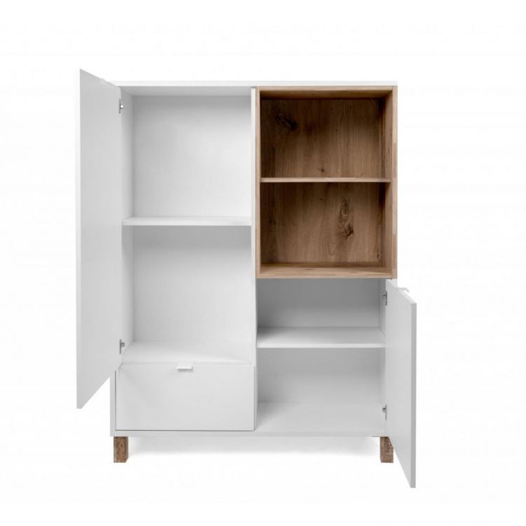 Credenza 103 cm con ante e cassetti in legno bianco e rovere anticato