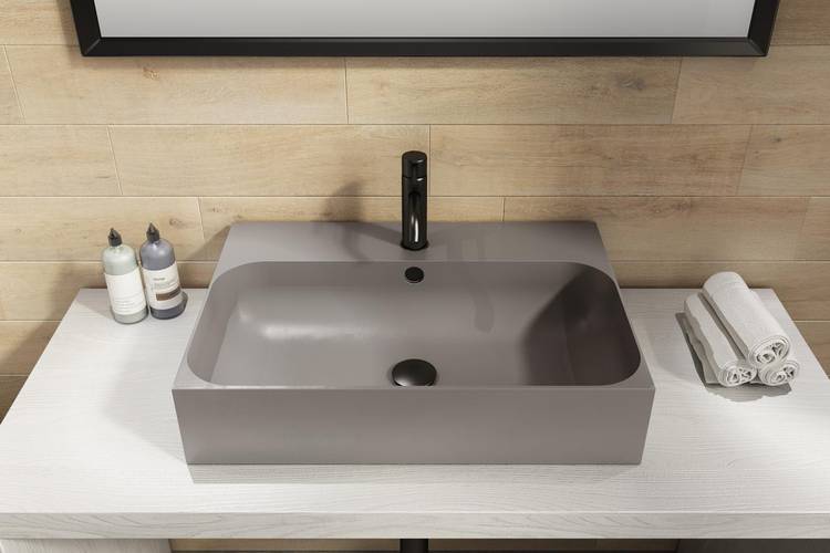 Lavabo da appoggio 60 cm rettangolare in cemento tortora monoforo