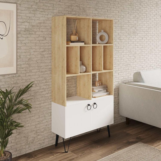 Libreria 80x166h cm in legno bianco e rovere con ante