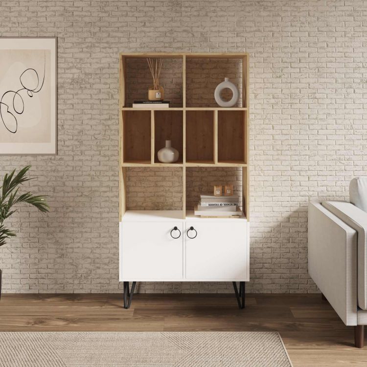 Libreria 80x166h cm in legno bianco e rovere con ante