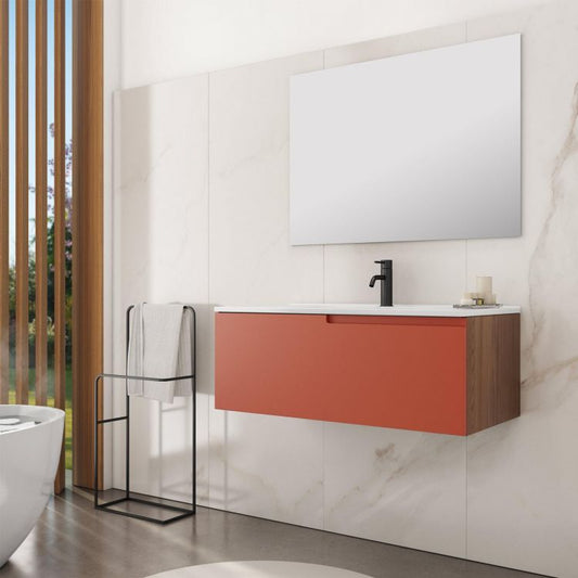 Mobile bagno sospeso 90 cm noce maior e frontale rosso corallo con specchio