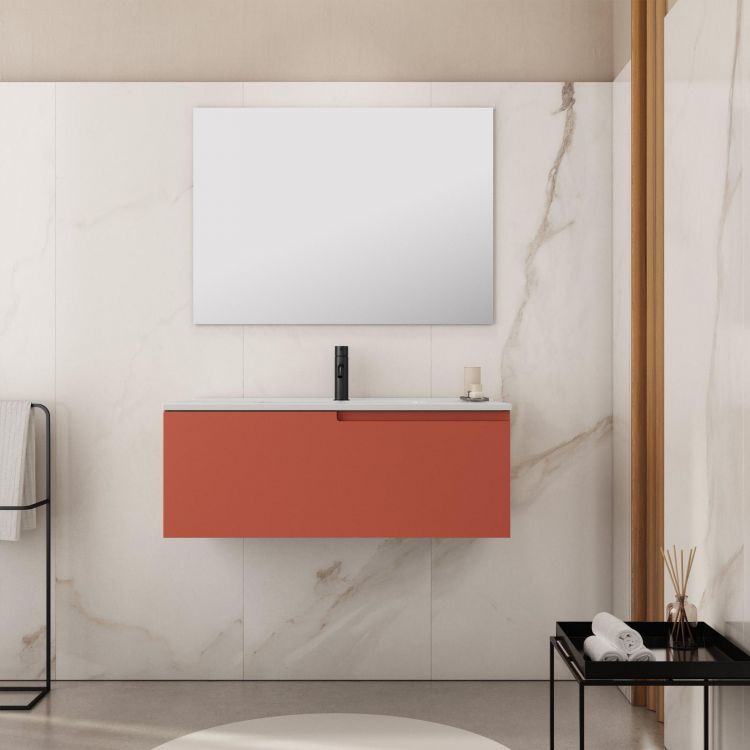 Mobile bagno sospeso 90 cm noce maior e frontale rosso corallo con specchio