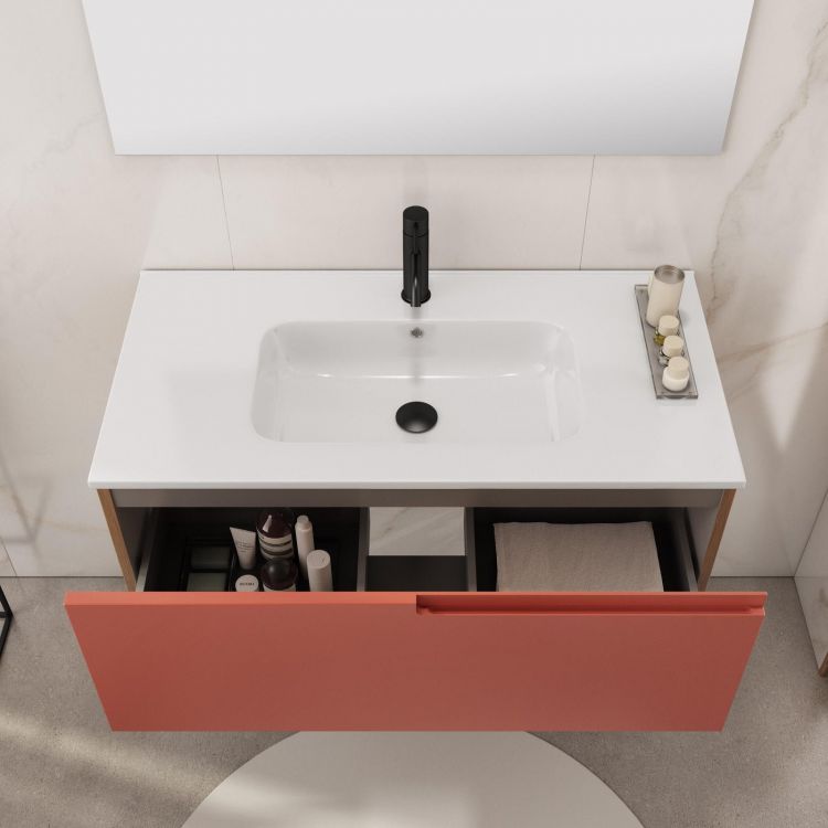 Mobile bagno sospeso 90 cm noce maior e frontale rosso corallo con specchio