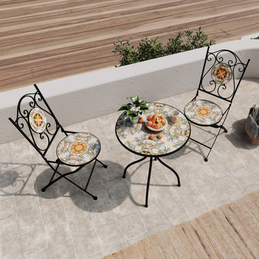 Set da giardino con tavolo e 2 sedie con decorazione mosaico a fiori arancio