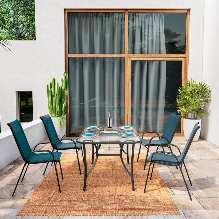 Set pranzo con tavolo 150x90 cm top trasparente e 4 sedie in acciaio e textilene blu marino